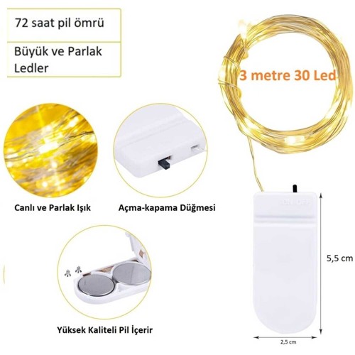 Peri Led Işık|ince Pil Yataklı  Gün Işığı Tel Şerit Led Kendinden Pilli (1,5 Metre)