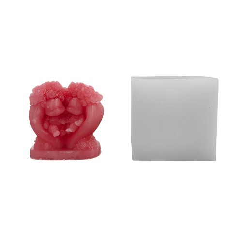 Silikon 3D Çiçekli Kalp İçinde Oturan Ayıcık Çifti Mum Kalıbı