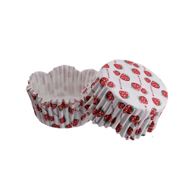 Cupcake Kalıbı Pet Kapsül Dalgalı Kek Kalıbı 65X38 MM (100 Adet)  Beyaza Sık Çilek Desenli
